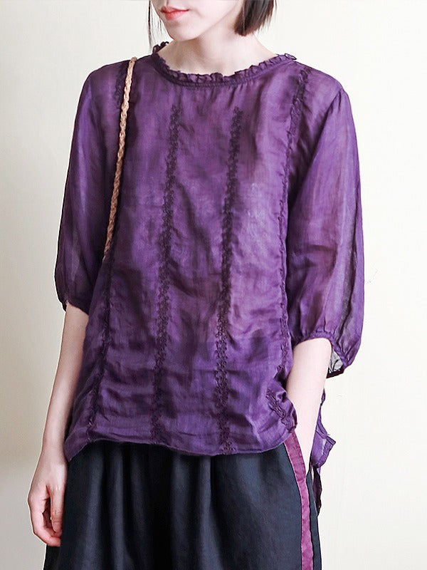 ORIGINAL EMBROIDERED SOLID ROUND-NECK T-SHIRTS TOPS