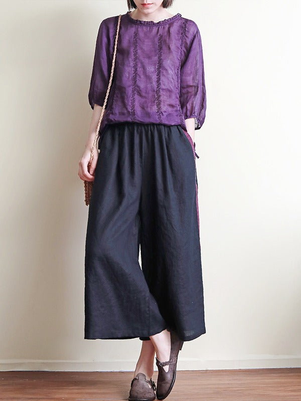 ORIGINAL EMBROIDERED SOLID ROUND-NECK T-SHIRTS TOPS