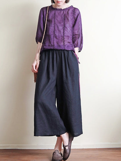 ORIGINAL EMBROIDERED SOLID ROUND-NECK T-SHIRTS TOPS