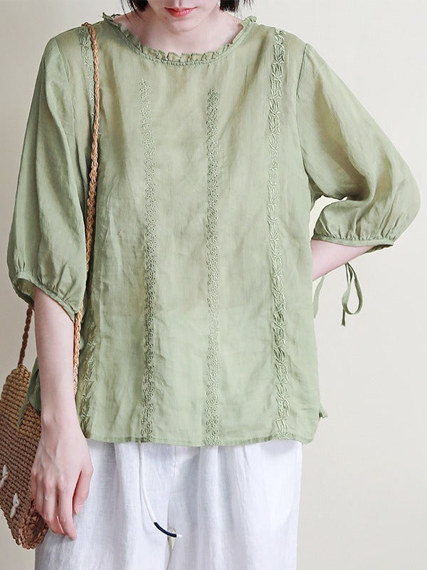 ORIGINAL EMBROIDERED SOLID ROUND-NECK T-SHIRTS TOPS