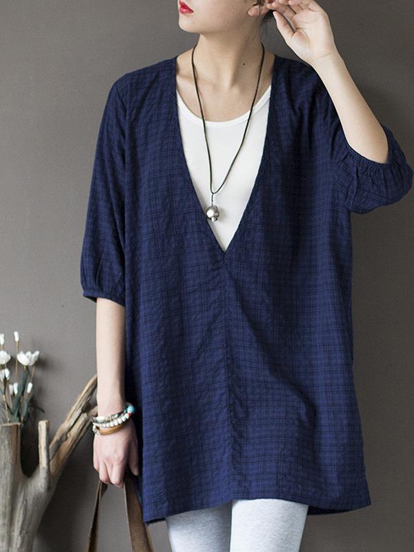 Original Sun-Protection Solid Plaid V-Neck Shirt
