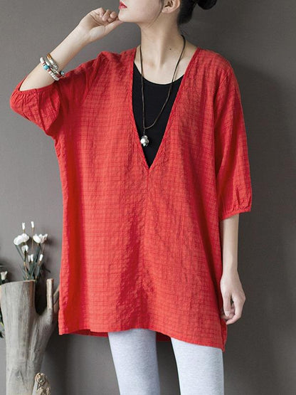 Original Sun-Protection Solid Plaid V-Neck Shirt