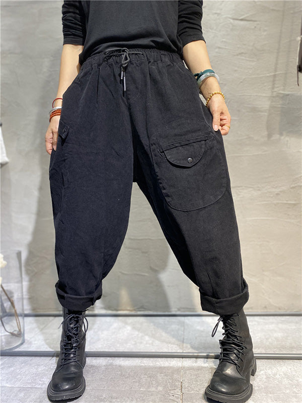 Casual Solid Color With Pockets Drawstring Harem Pants