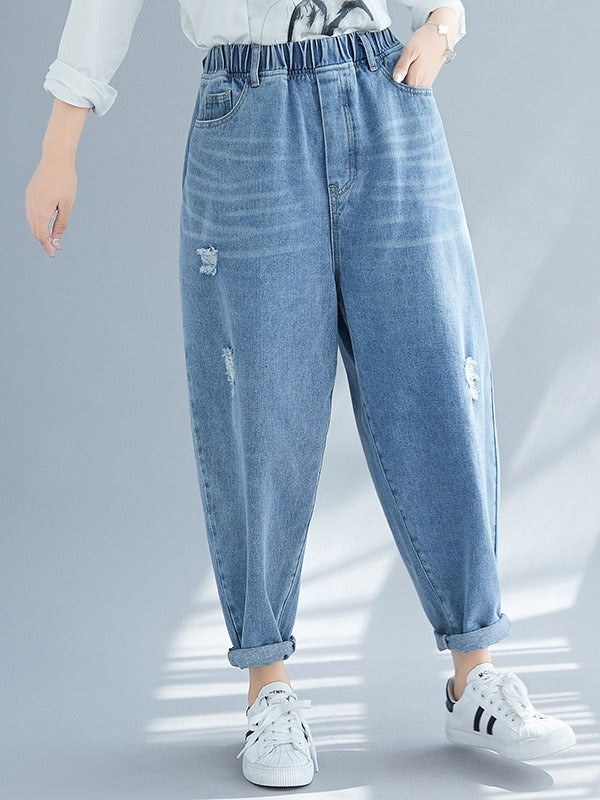 CASUAL ELASTICITY HOLE CAPRI-PANTS
