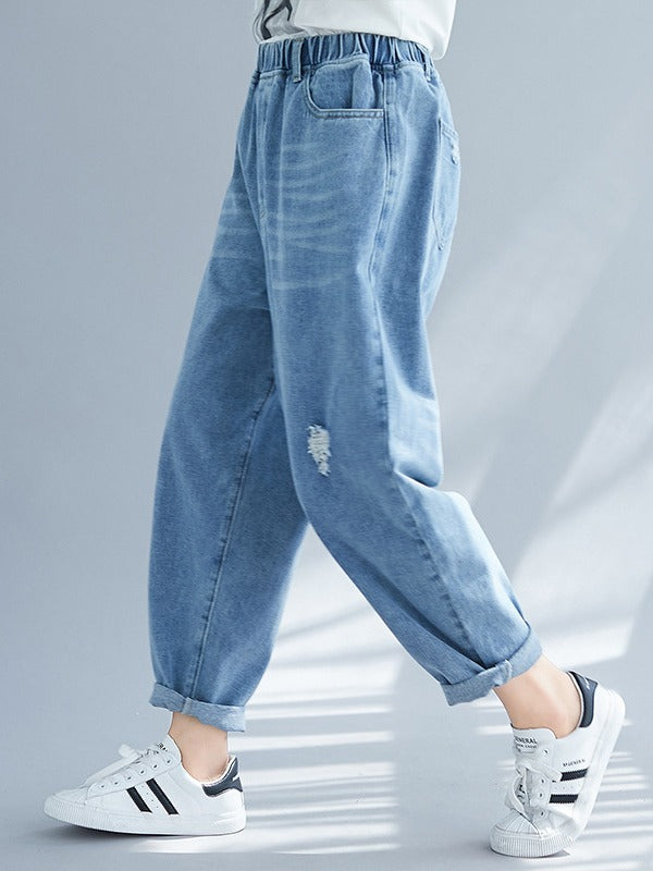 CASUAL ELASTICITY HOLE CAPRI-PANTS