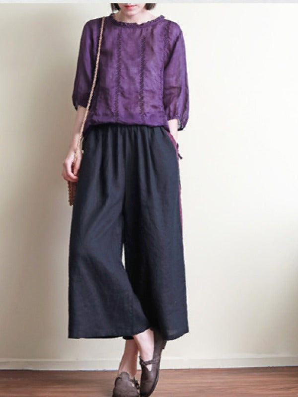 ORIGINAL EMBROIDERED SOLID ROUND-NECK T-SHIRTS TOPS