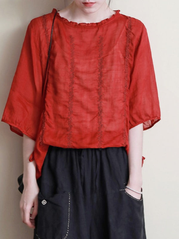 ORIGINAL EMBROIDERED SOLID ROUND-NECK T-SHIRTS TOPS