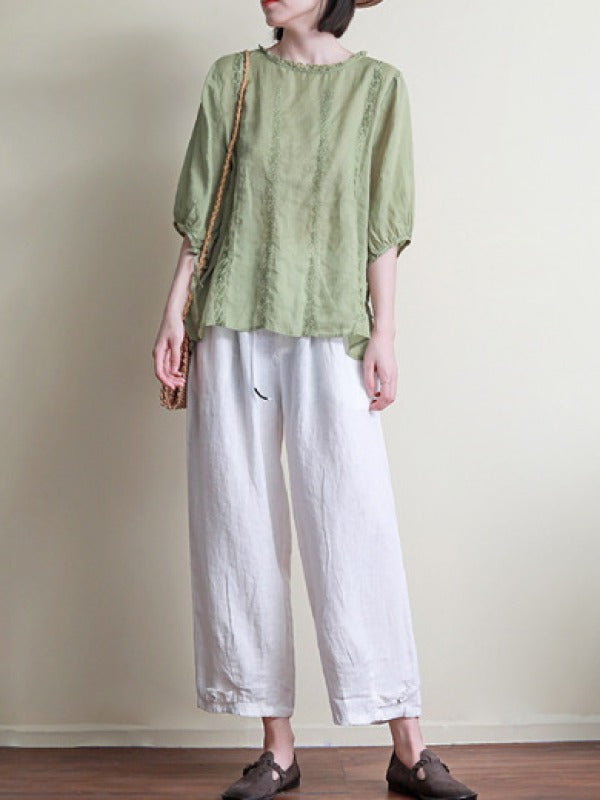 ORIGINAL EMBROIDERED SOLID ROUND-NECK T-SHIRTS TOPS