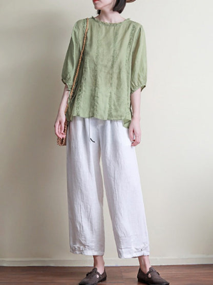 ORIGINAL EMBROIDERED SOLID ROUND-NECK T-SHIRTS TOPS