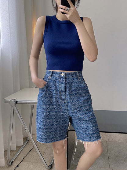 Stylish High Waisted Printed Fringed Fifth Jean Pants