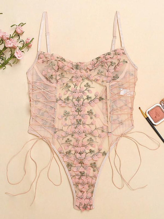 Embroidered See-Through Bandage Bodysuit Lingerie