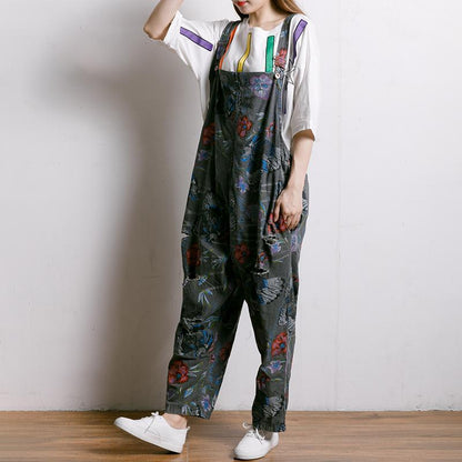Birds And Flowers Printed Adjustable Strap Jumpsuit