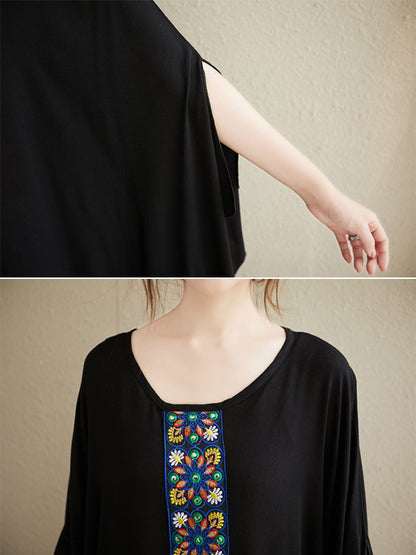 National Loose Embroidered Round-Neck Batwing Sleeves Midi Dress