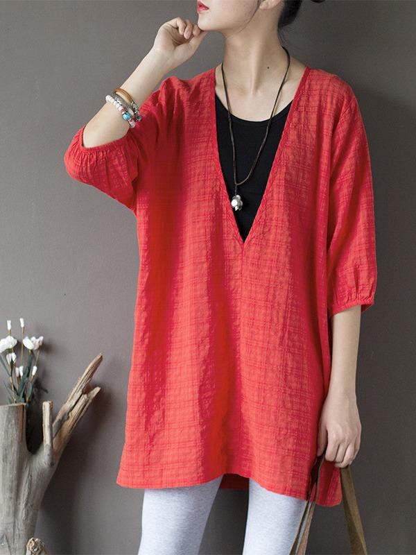 Original Sun-Protection Solid Plaid V-Neck Shirt