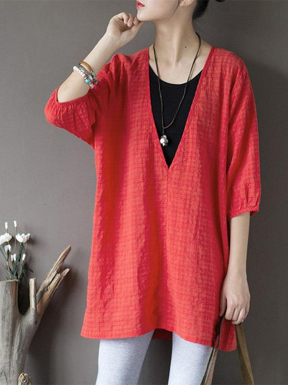 Original Sun-Protection Solid Plaid V-Neck Shirt