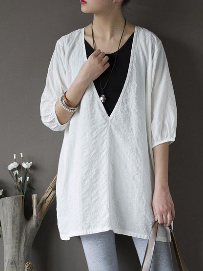 Original Sun-Protection Solid Plaid V-Neck Shirt