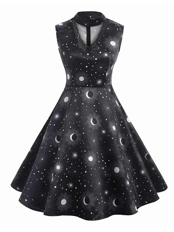 Vintage Printed Sleeveless A-Line Midi Dresses