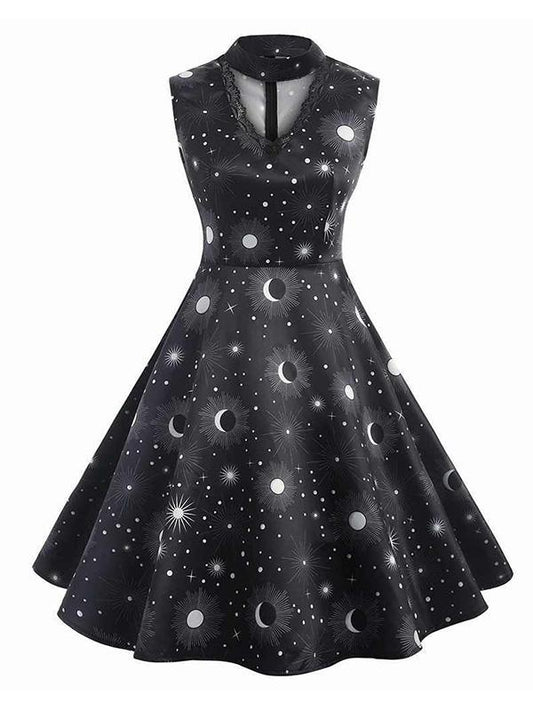 Vintage Printed Sleeveless A-Line Midi Dresses