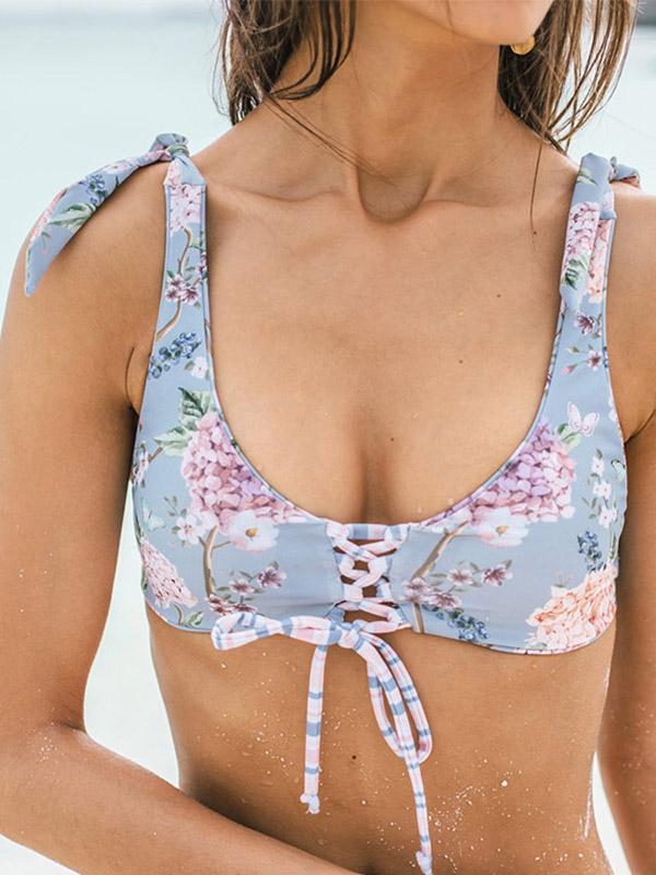 Lace Up Floral Bikini Swimsuit
