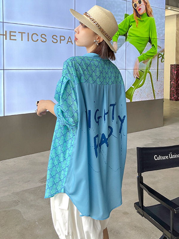 Stylish Split-Joint Printed Stand Collar Tie Short Sleeves Blouses