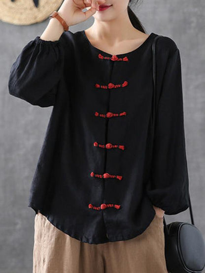Artistic Retro Buckle Blouse Tops