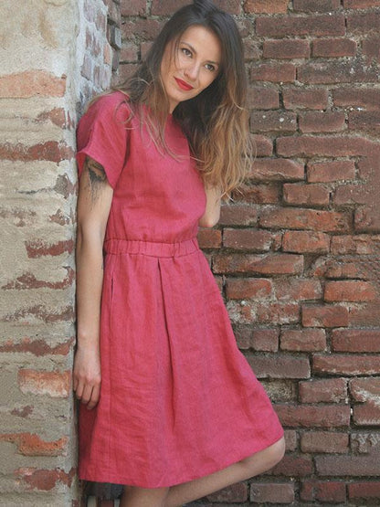 2 Colors Elastic Waist Midi Dress