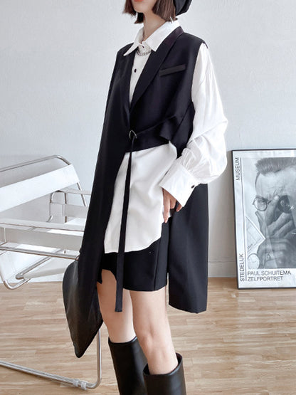 Cool Irregular Solid Color Split-Joint With Pocket Tied Notched Collar Sleeveless Vest Outwear