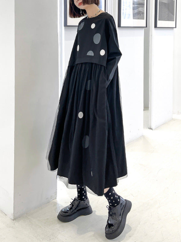 Stylish Split-Joint Pleated Polka-Dot Round-Neck Long Sleeves Midi Dress