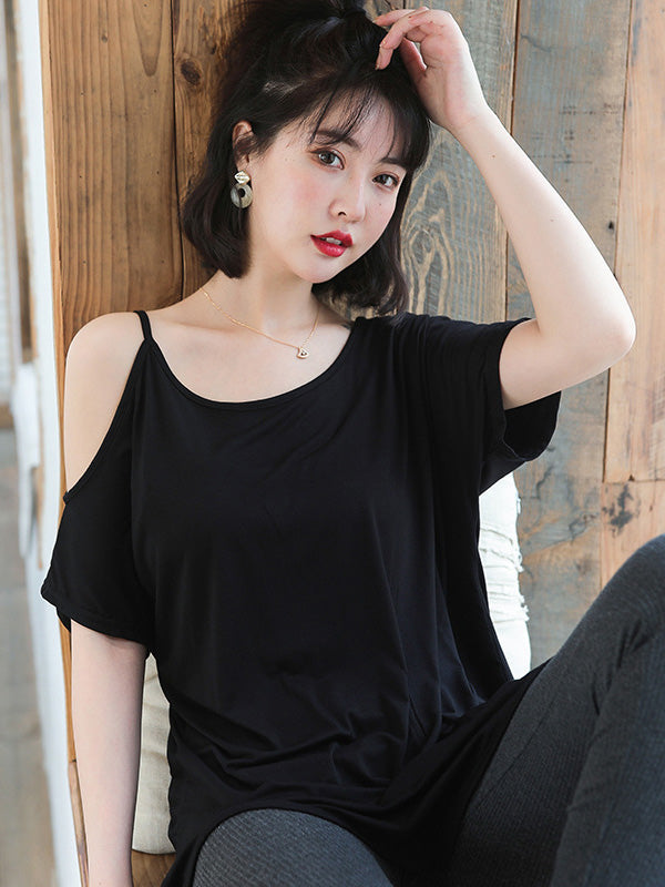 Casual Solid Color Asymmetric Cold Shoulder Spaghetti-Neck T-Shirt