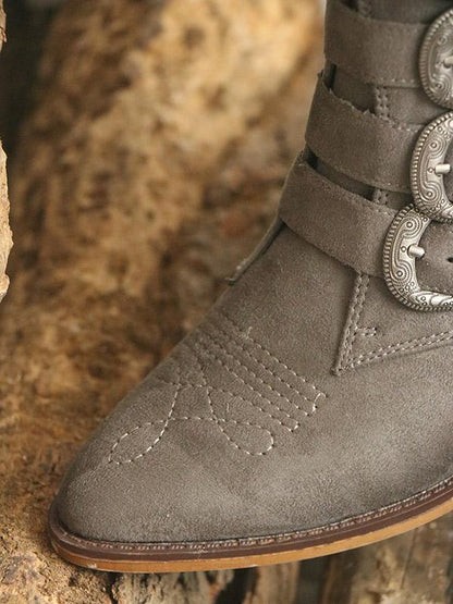Vintage Buckle Embossed Booties