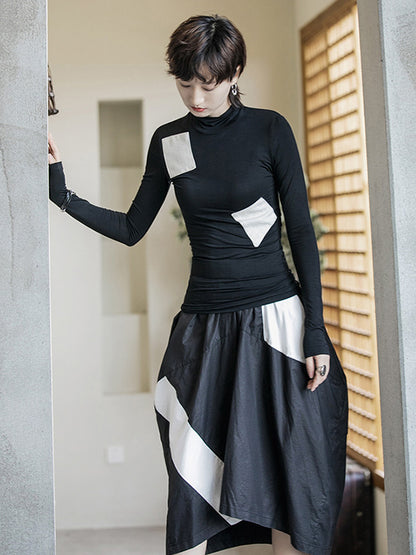 Casual Contrast Color Split-Joint High-Neck Long Sleeves T-Shirt Tops