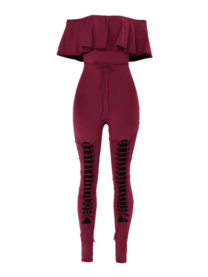 Off-The-Shoulder Lotus Leaf Sleeves Solid Sexy Jumpsuit
