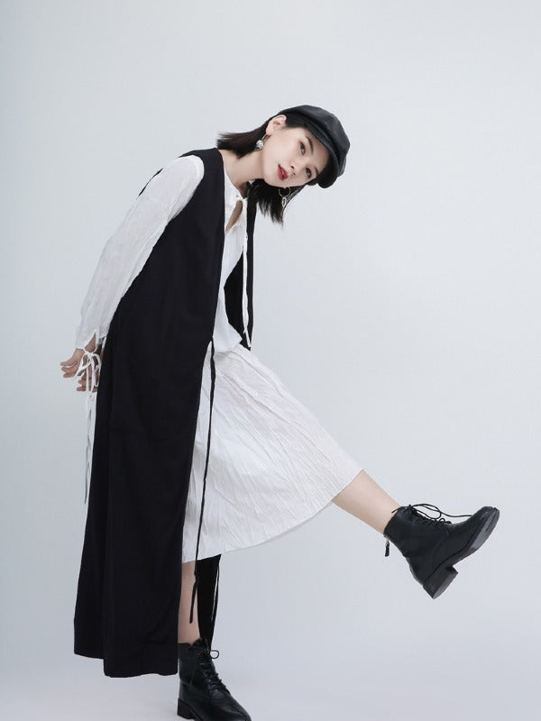 Loose Solid Pleated Lace Up Dress