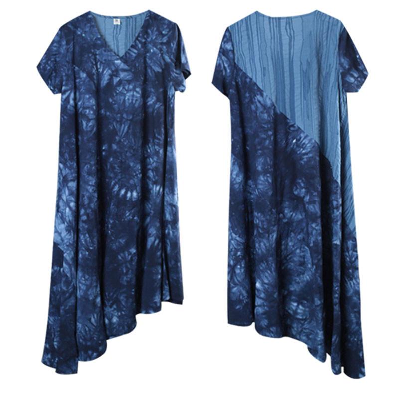 Retro Printing Loose Women Cotton Floral Irregular Splicing Blue Dress