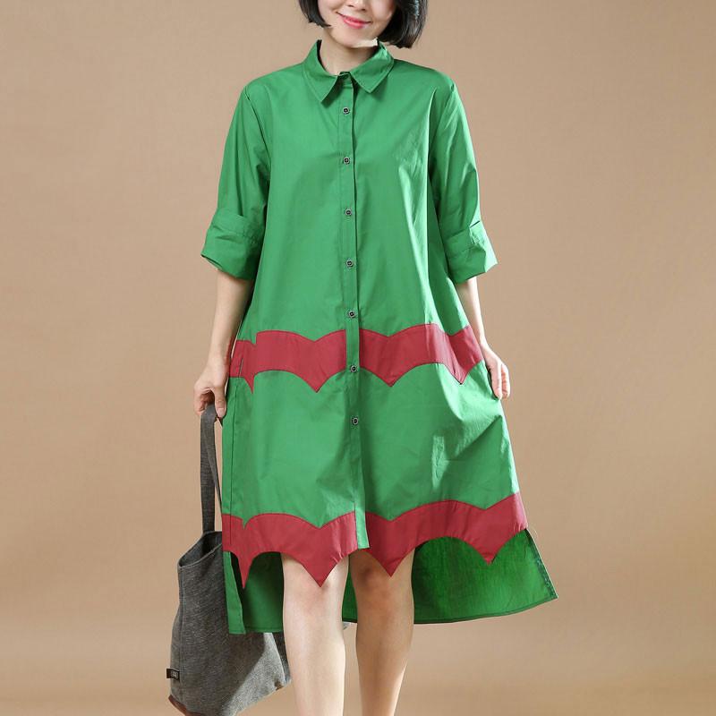 Women Vintage Casual Splicing Summer Irregular Green Shirt Dress