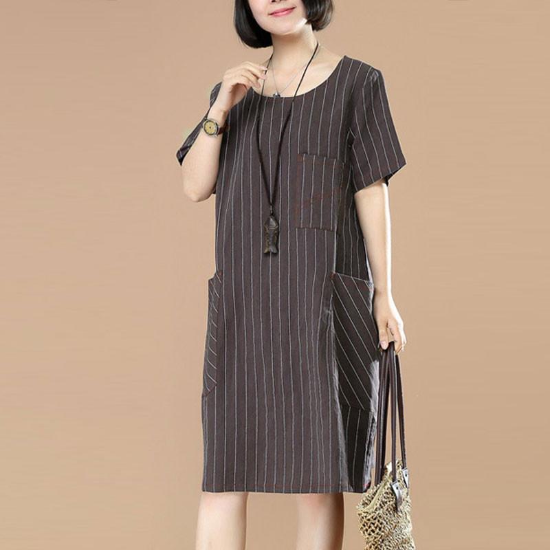 Stripe Women Loose Casual Short Sleeve Dark Coffee Dress