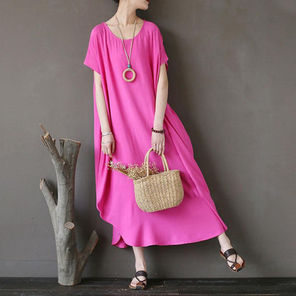 Women Cotton Short Sleeve Plain Pink Loose Dress