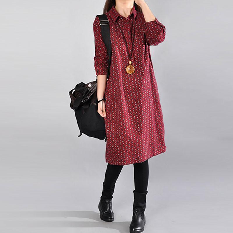 Casual Women Printed Cotton Polyester Dark Red Dress