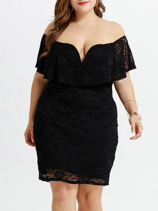 Solid Color Short Sleeve Off Shoulder Lace Mini Dress