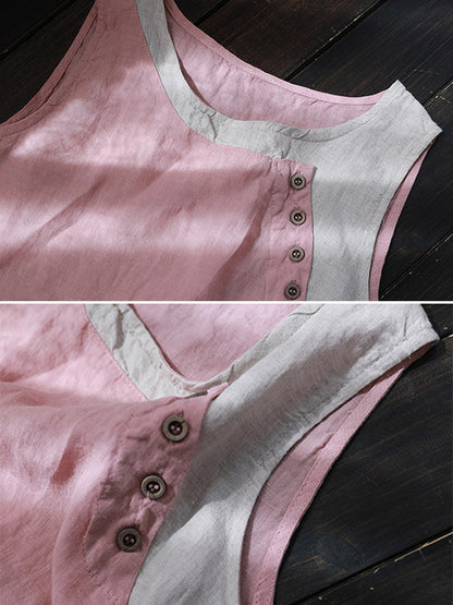 Leisure Split-Joint Linen Contrast Color Round-Neck Vest