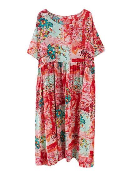 Vintage Floral Printed Round-Neck Short Sleeves Midi Dress
