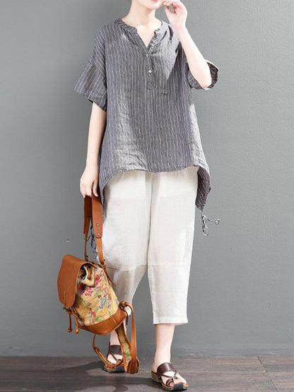 Loose Striped T-shirt + Solid Casual Pants Suits
