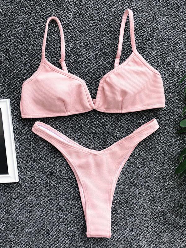 V-Neck Solid Color Split Bikini Swimsuit