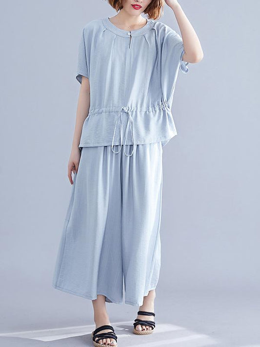 Loose Solid Tops + Wide Leg Pants Suit