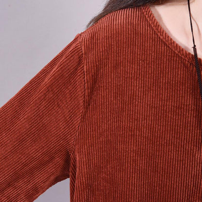 Buykud Long Sleeve Round Neck Corduroy Casual Midi Dress