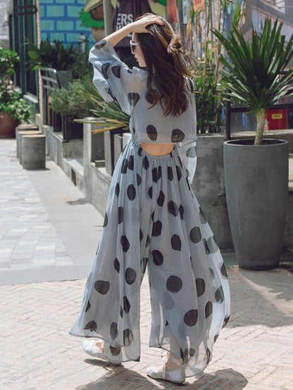 Light-blue Polka-Dot Chiffon Flared Sleeves Wide Leg Jumpsuits