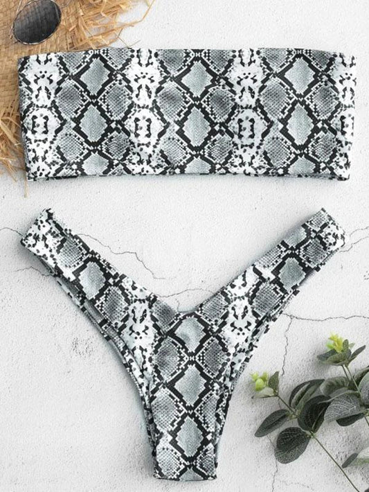 Snakeskin Printed Bandeau Bikinis Swimwear