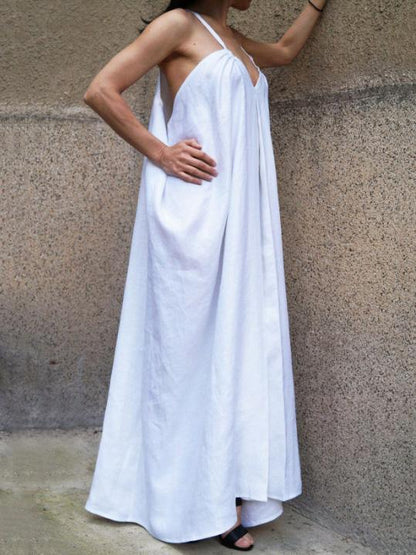 Loose White Sleeveless V-neck Long Dress