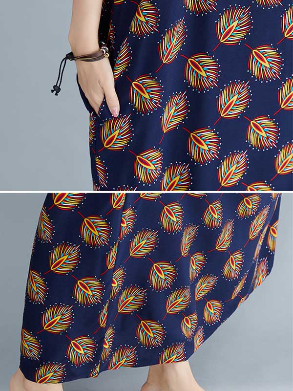 Vintage Printed V-Neck Batwing Short Sleeves Maxi Dress