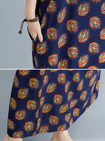 Vintage Printed V-Neck Batwing Short Sleeves Maxi Dress
